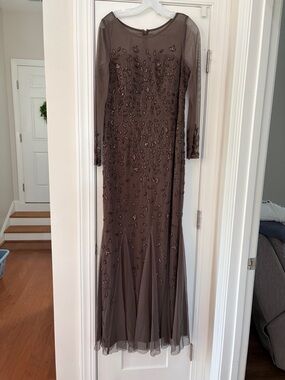 Oleg Cassini Brown/Dark Taupe Beaded Long Sleeve Maxi Gown